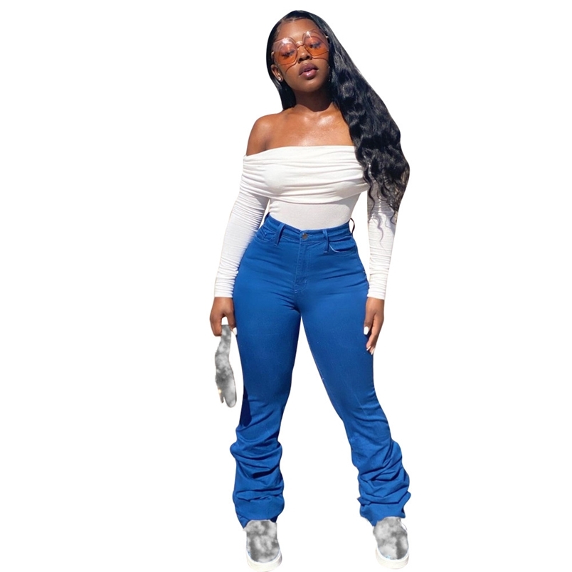 

Pantalon Femme Hiver est Blue Skinny Stacked Pants Fall Ladies Casual Pocket Straight Ruched Taille Haute 210604