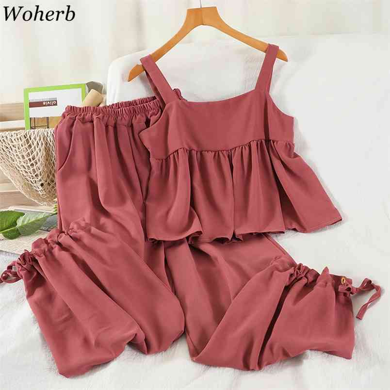 

Casual All Match Summer Two Pieces Set Women Ruffle Tank Top + Wide Leg Harem Pants Solid Outfits Korean Suit 210519, Yellow
