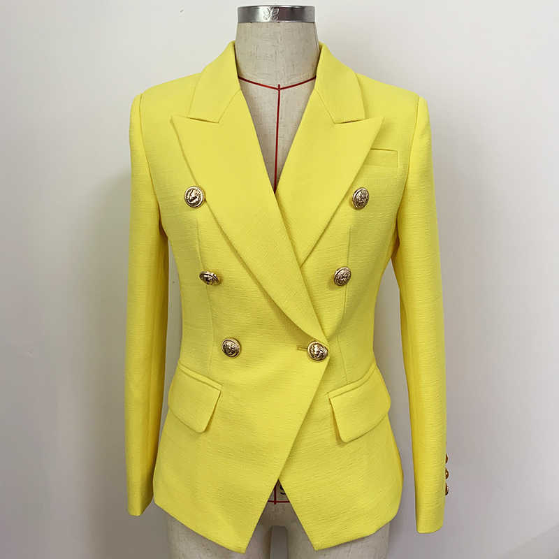 

HIGH QUALITY est Designer Jacket Women's Classic Lion Buttons Double Breasted Slim Fitting Textured Blazer 210526, Yellow