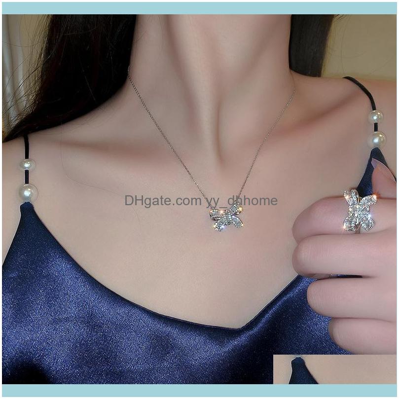 

Earrings & Sets Jewelrykorean Style Sweet Fashion Shining Rhinestone Bowknot Clavicle Chain Necklace Finger Rings For Women Luxury Minimalis, As pic