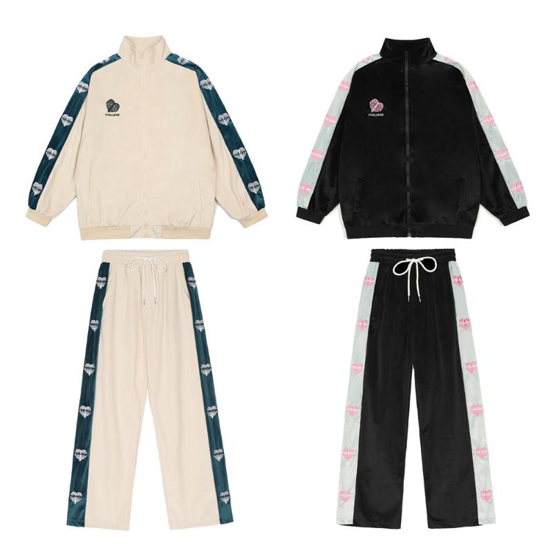 

Gym Clothing Embroidery Sideline Logo Tracksuit Sets Mens Autumn Contrast Paneled Heart Two-piece Suit Loose Sports Long Sleeve Jacket Men, White;black