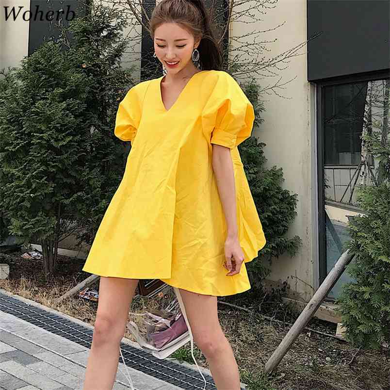

Summer Korean Puff Sleeve Mini Dress Women V-neck Loose Chic A-line Dresses Vintage Elegant Ladies Vestidos Femme 210519, Yellow