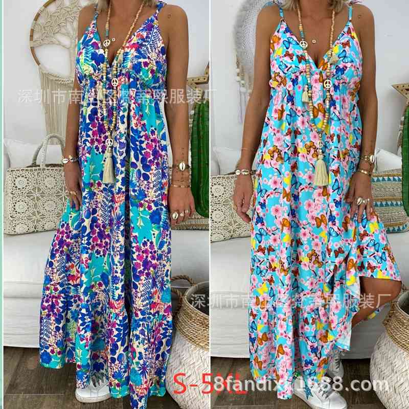

2019 summer new skirt slim mid long print Holiday Beach Dress, Red
