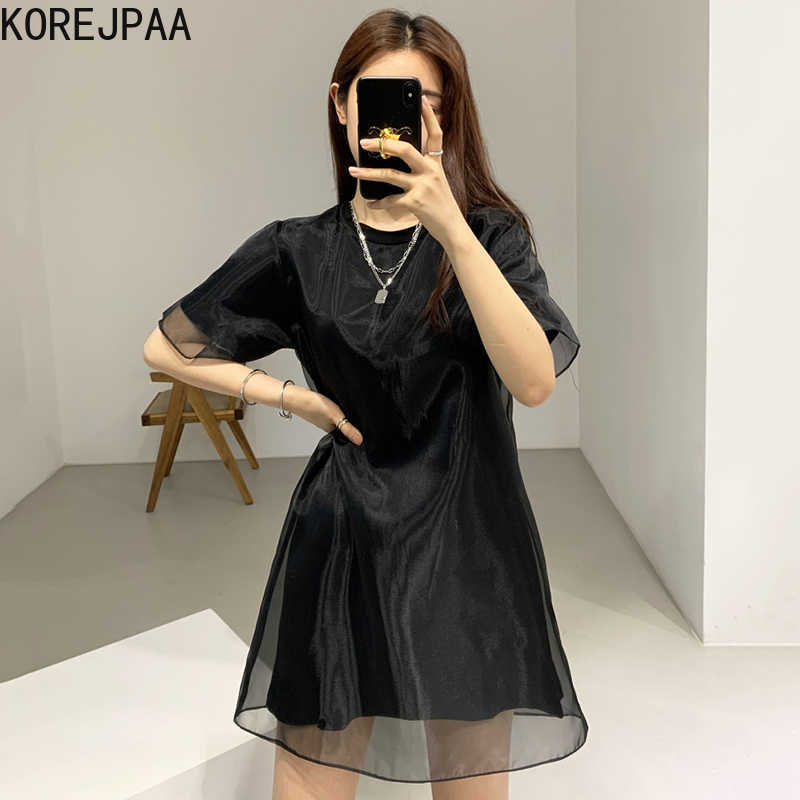 

Korejpaa Women Dress Summer Korean Retro Temperament Round Neck A-Line Short Sleeve Stitching Fake Two-Piece Veil Vestidos 210526, Black