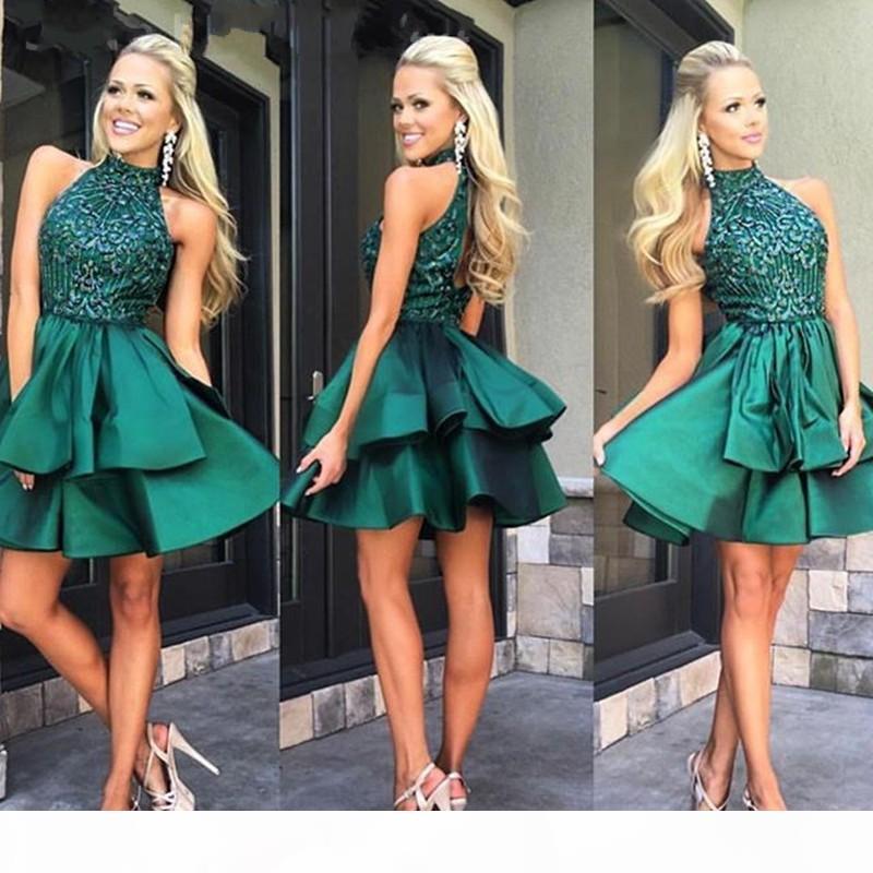 

2021 Green Prom Dresses Short Halter Sequins Tiered Satin Skirt Above Knee Length Custom Made A Line Plus Size Cocktail Party Evening Gown vestido