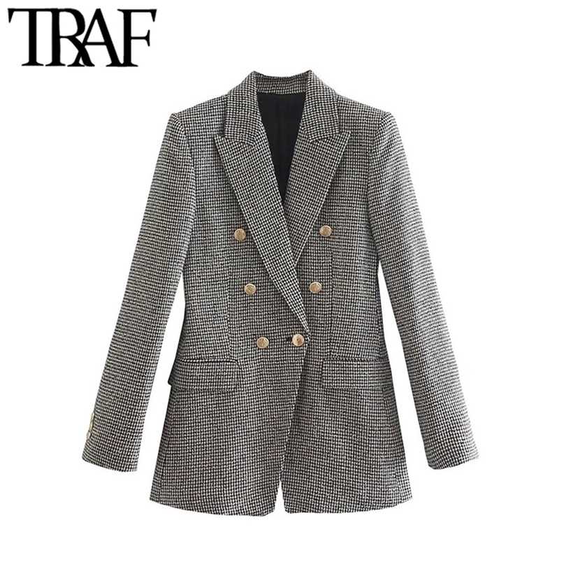 

TRAF Women Fashion Houndstooth Fitted Blazer Coat Vintage Long Sleeve Flap Pockets Female Outerwear Chic Veste Femme 211019, As picture