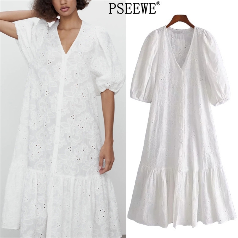 

Cutwork Embroidery White Long Dress Women Summer Ruffle Short Puff Sleeve Woman Cottagecore Casual es 210519