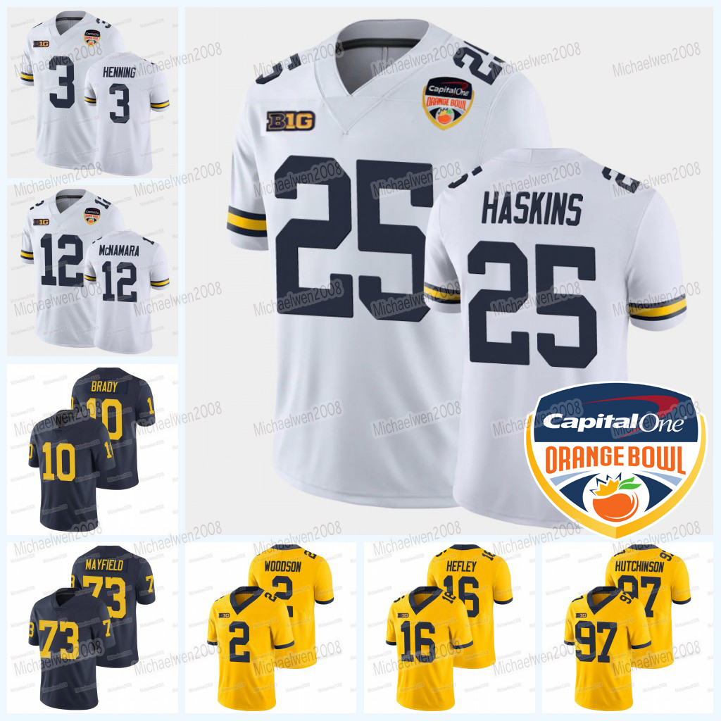 

Custom NCAA College Michigan Wolverines Football Jersey 2021 Orange Bowl Hassan Haskins Charles Woodson Dan Villari Cade Mcnamara Tom Brady Ronnie Bell Daxton Hill, Men