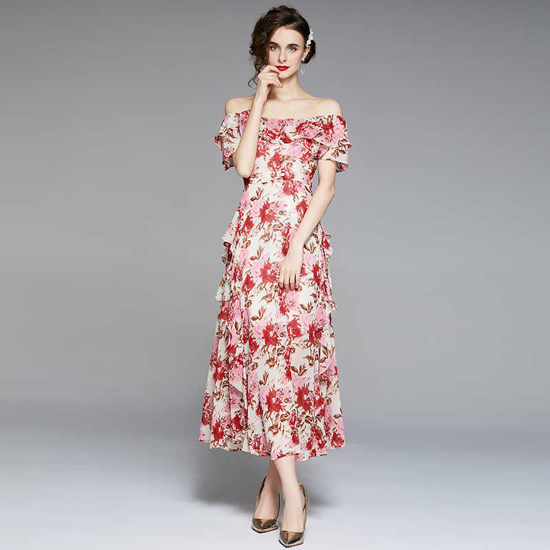 

Women Summer Designer Elegant Floral Printed Sexy Ruffles Button Casual Party Robe Ladies Vintage Chiffon Maxi Dress Vestidos 210525, Blue