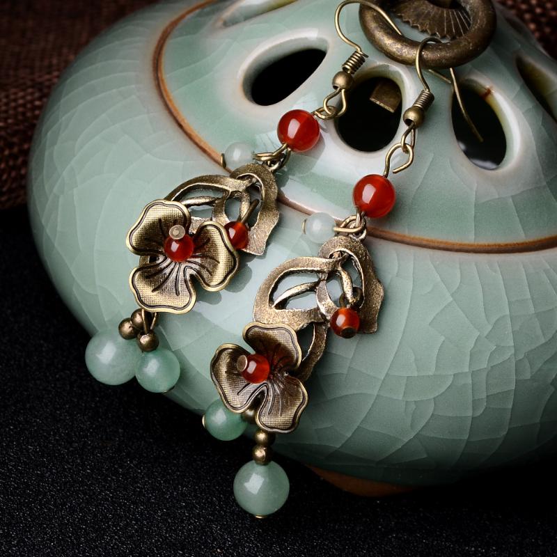Dangle & Chandelier Hollow Out Flowers Vintage Copper Earrings, Original Handmade Aventurine Earrings , Nature Stones Ethnic-image-700650351