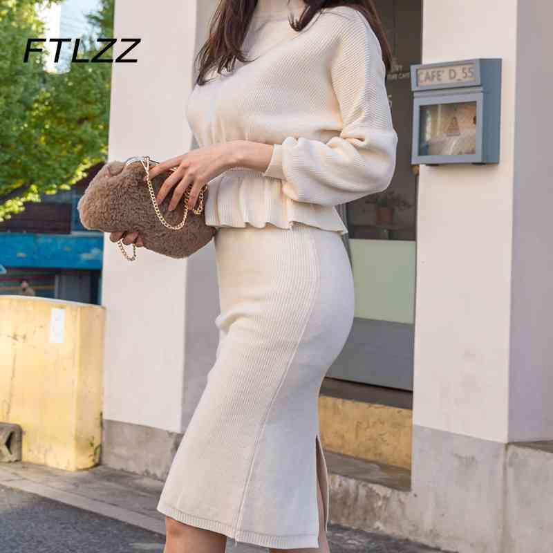 

Spring Auutmn Sweater Two Piece Set Elegant Outfits Fashion Ruffles Pullover Top Wrapped Skirts Suits Clothes 210602, Beige