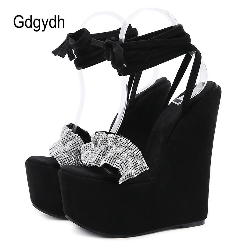 

Dress Shoes Gdgydh Fashion Bling Crystal Pleated Platform Wedges Sandals For Women Ankle Cross-Tied Sexy Party Woman Size 42, Black