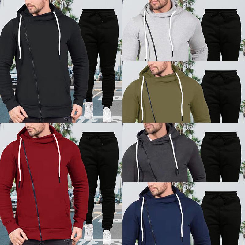 

Jogging Clothing Men's Autumn And Winter Fleece Lined Hoodie Solid Color Stitching Foreign Trade Plus Cashmere Sports Leisure Suit, Black;red