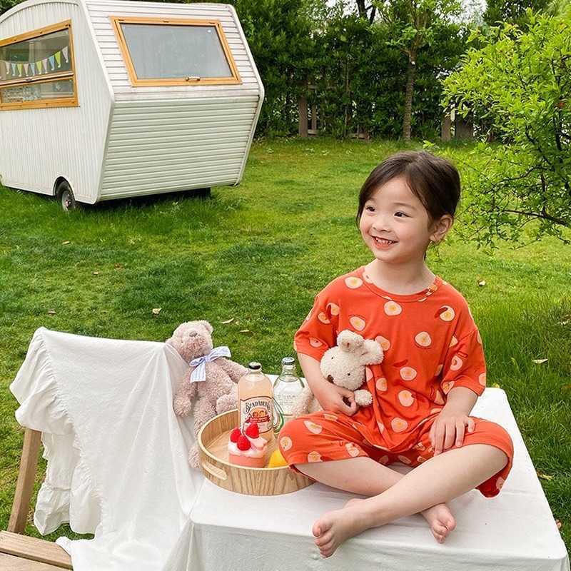 

Girls fruits printing short sleeve pajamas 2pcs sets summer kids cotton loose thin sleepwear clothing 210615, Beige yellow