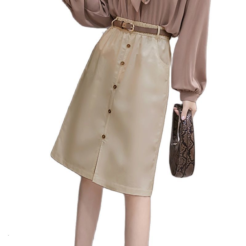 

Casual Dresses Front Split Women Skirt Elegant Woman  Spring Korean Elastic High Waist Office Lady Sashes Midi Single-Breasted Y, Khaki