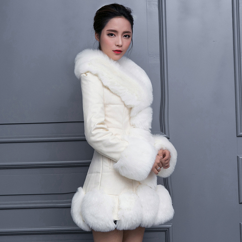 

One-piece Fur Coat Women's Korean Version of Slim PU Leather Imitation Fox Collar Nine-point Sleeve Long Fur Coat, Black