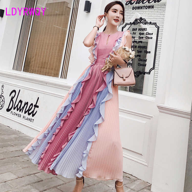 

Summer Pleated Colorblock Lotus Leaf Chiffon Long Rainbow Dress Office Lady Cotton Sleeveless 210603, Pink