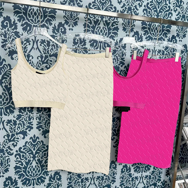 

Full Letters Womens Knitted Vest Dresses Sets Fashion Sexy Ladies Party Nightclub Skirts Two Piece, Rose pink