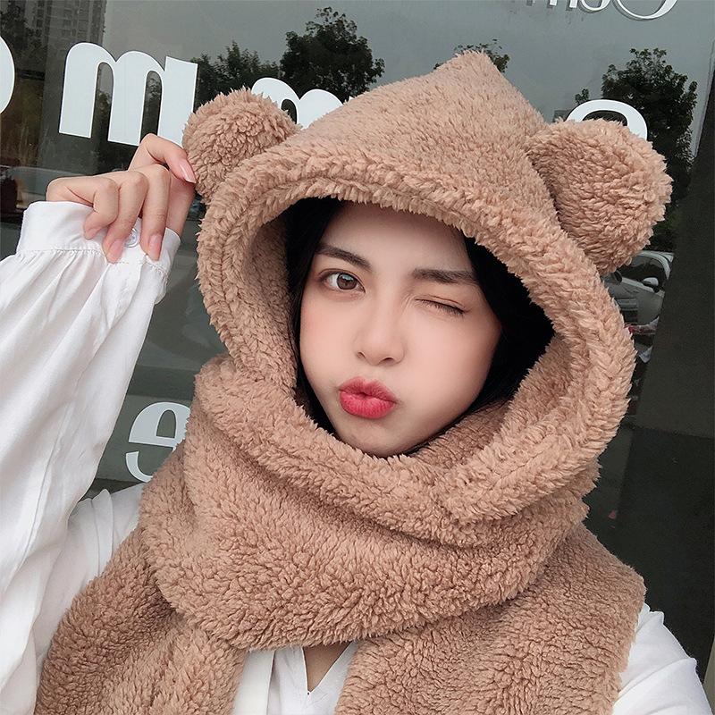 

Berets Lamb Velvet Hat Female Autumn And Winter All-match Cute Hooded Bear Scarf Gloves One Warm Cold Ear Protection Cotton Cap, Khaki