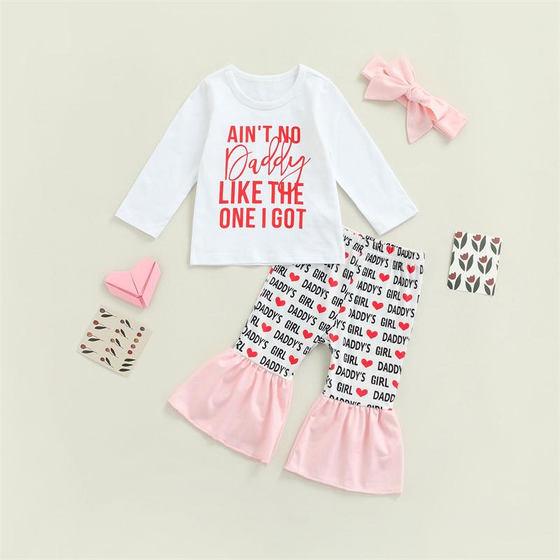 

Clothing Sets 3 Pcs Valentine's Day Outfits Set Baby Girls Letter Print Short Sleeve Round Neck Knotted T-shirt + Flared Pants Headband, White
