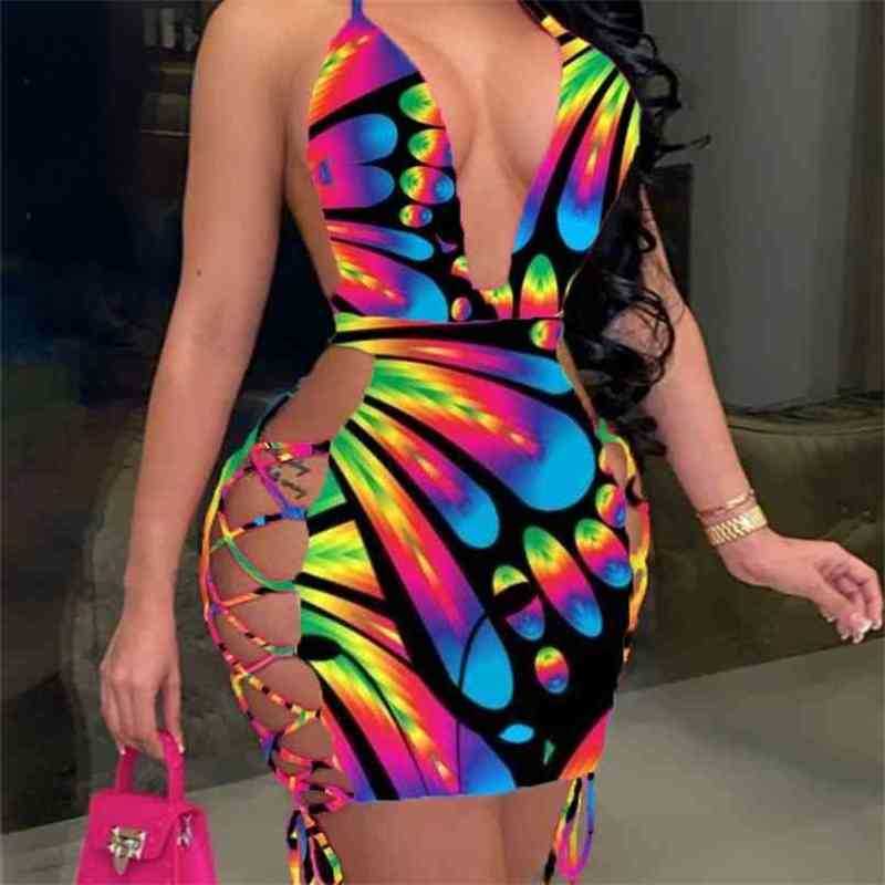 

Product Tie Dye Side Hollow Out Lace-Up Sheath Mini Dresses For Women Neon Clothing Holiday Party Sexy Dress 210525, Multi