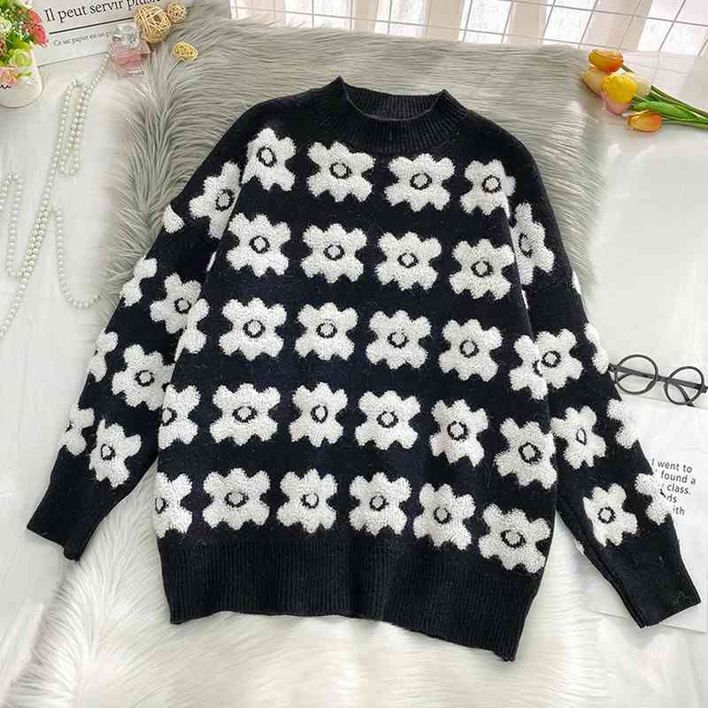 

Women Vintage Black Jumper Autumn Winter Long Sleeve Loose Korean Flower Sweater Woman Oversized Pullover Knitted Top 210602