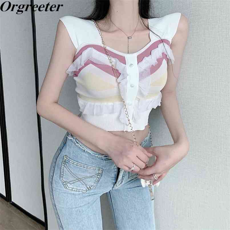 

INS All-match Colorful Striped Knitted Vest for Women Summer Sexy V-neck Lace Ruffles Trim Short Tank Tops 210602, Blue
