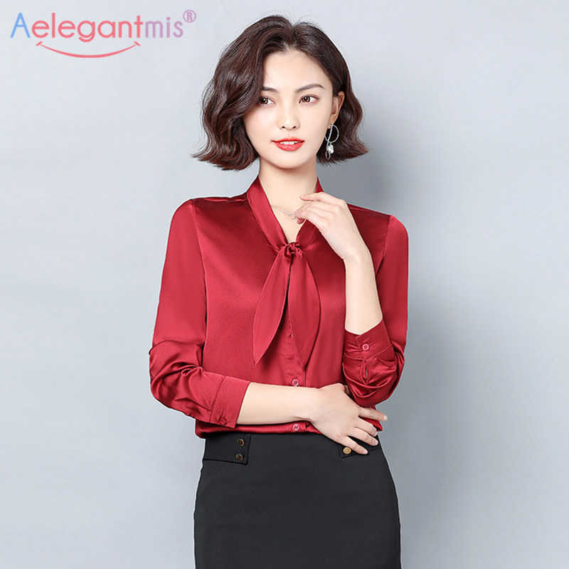 

Aelegantmis Satin Office Lady Tops Elegant Women Loose Long Sleeve Plus Size Blouse Female Leisure Shirts Ladies Casual 210607, Red1