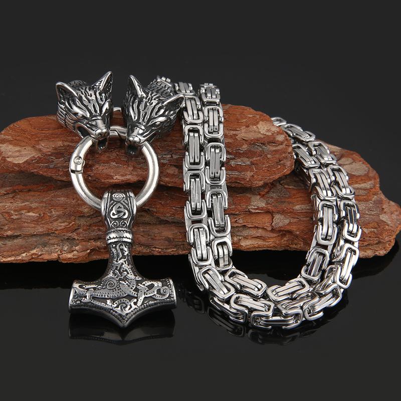 Pendant Necklaces Hammer Mjolnir Wolf Necklace Men Jewelry Norse Viking Stainless Steel Chain-image-708486161