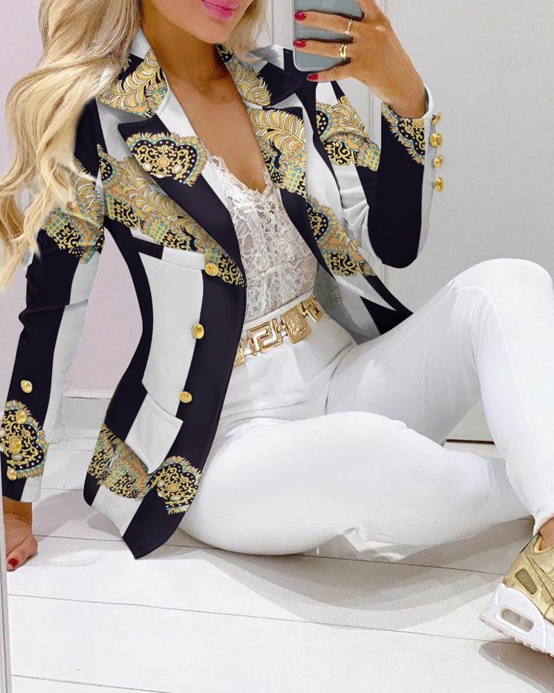 

Women' Suits & Blazers Scarf Striped Print Lapel Collar Double Breasted Blazer