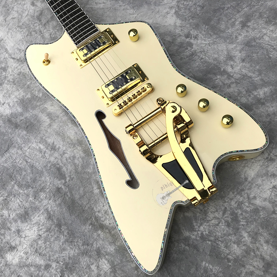 

Billy Bo Jupiter Cream Fire Thunderbird Semi Hollow Body Electric Guitar Single F hole, Abalone Binding, Bigs Tremolo Bridge, Gold Hardware