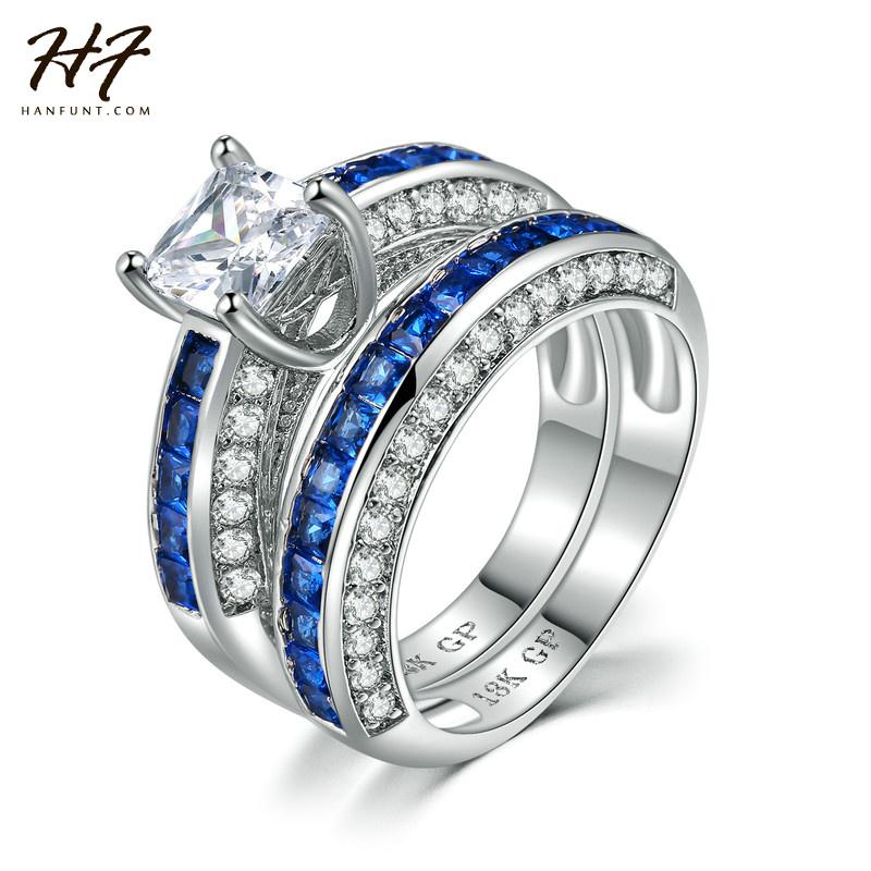 

Wedding Rings 2021 Silver Color Square Blue CZ Stone Ring Sets Luxury Design Trendy Full Size Fashion Jewelry Sale R693, Slivery;golden
