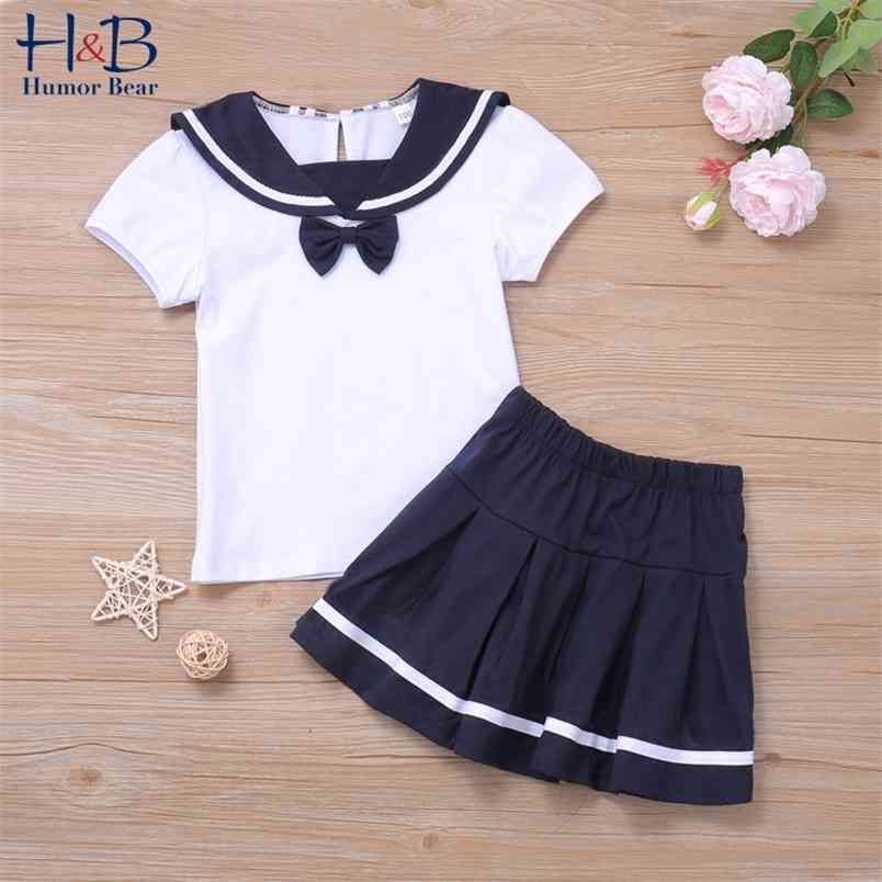 

Girl Clothes Set Summer College Style Short Sleeve T-Shirt+Pleated Skirts 2pcs Toddler Kids School 210611, Be231 white