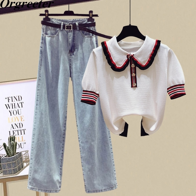 

Women's Summer Casual Clothing Peter pan collar Striped Knitted Tops and Wide leg Denim Pants 2 Piece Trousers Sets 210525, Only white tops