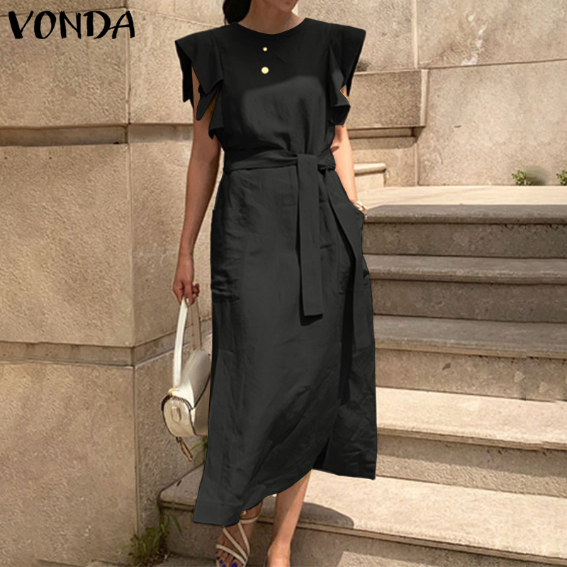 

2021vonda sleeveless summer dress ruffle maxi long dress with belt 2021 women bohemian sundress party vestido plus size robe, Black;gray