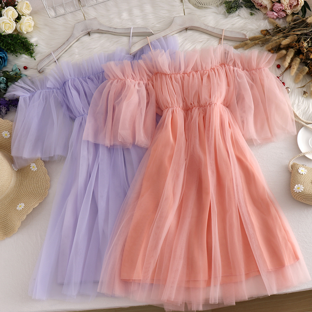 

Sweet Fairy Off Shoulders Gauze Spliced Ruffles Dress Strapless Mesh Gauze Spliced Pleated Vintage Dress A-Line Vestidos 2021, Apricot