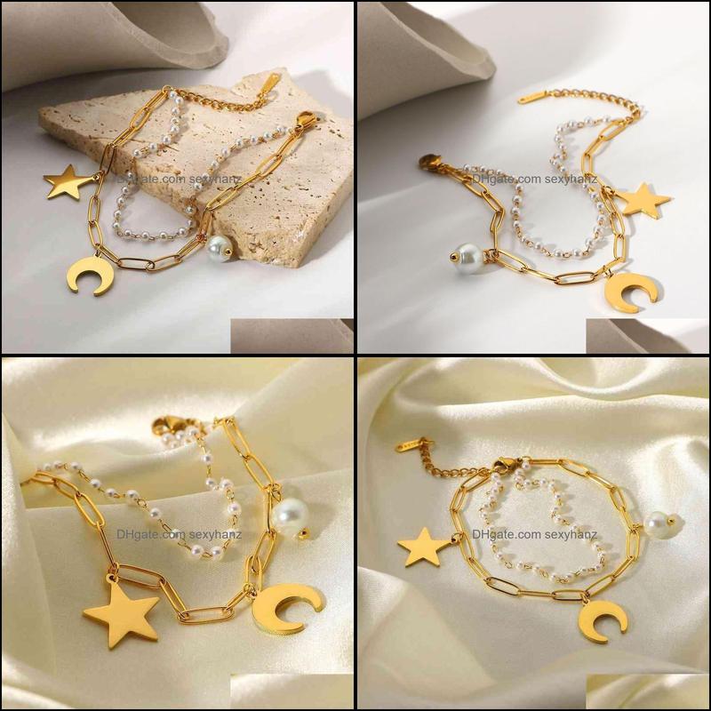 

Link, Chain Bracelets Jewelry Ins Titanium Metal 18K Gold Plated Stainless Steel Star Moon Pearl Pendant Double Layer Bracelet For Women Dro