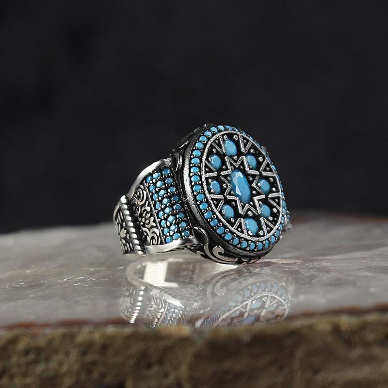 

Cluster Rings 925 Sterling Silver Ring For Men Turquoise Stone Jewelry Fashion Vintage Gift Onyx Aqeq Mens All Size, Golden;silver