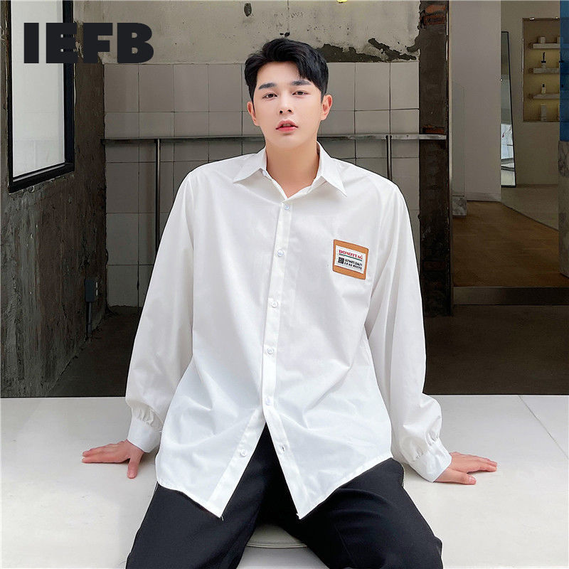 

IEFB Men's Summer Simple White Shirts Korean Trend Fashion Labeling Design Loose Long Sleeve Shirt Oversized Mans Clothing 210524
