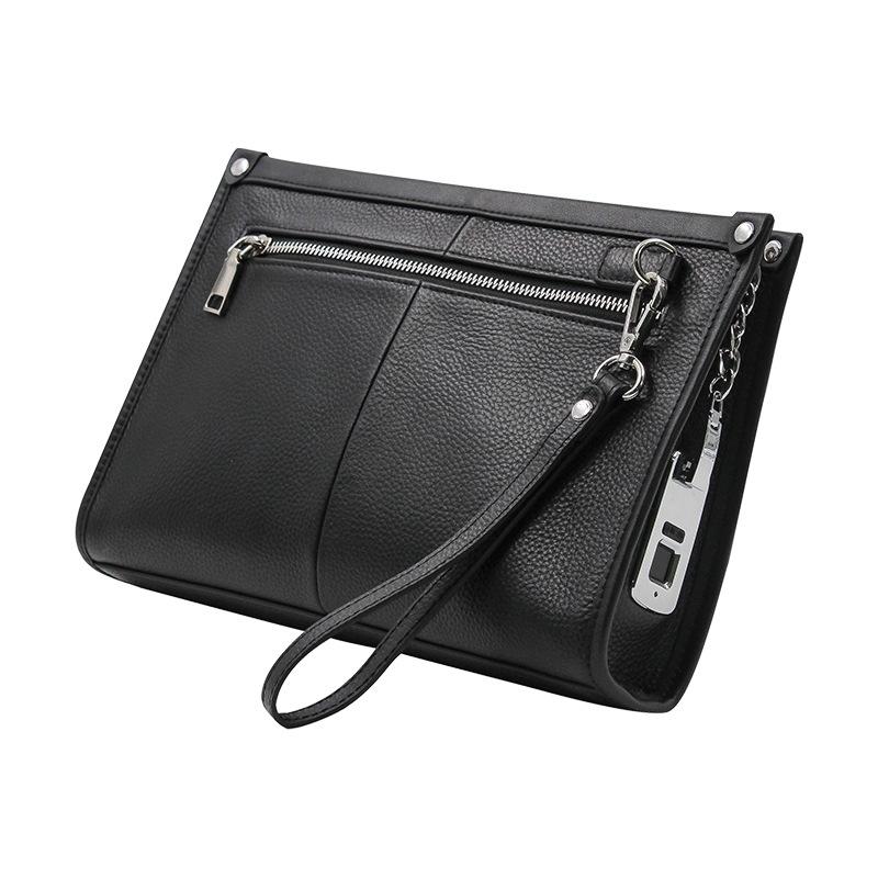 

Wallets Men's Bags, Leather Clutches, Simple And Fashionable Cowhide Zipper Trendy Fingerprint Lock, Black