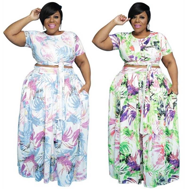 

Two Piece Set Plus Size Clothing Women Skirts Sets Wholesale Flower Print Crop Top with Elastic Waist Maxi Skirt Drop 211106, Blue