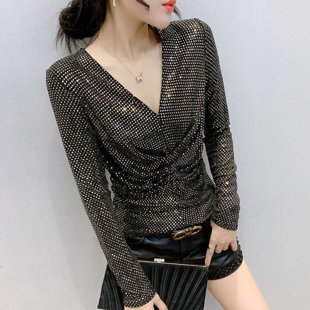 

Casual Dresses sexy V-neck T-shirt women' long sleeve dign sense slim bottom top foreign fashion, Green