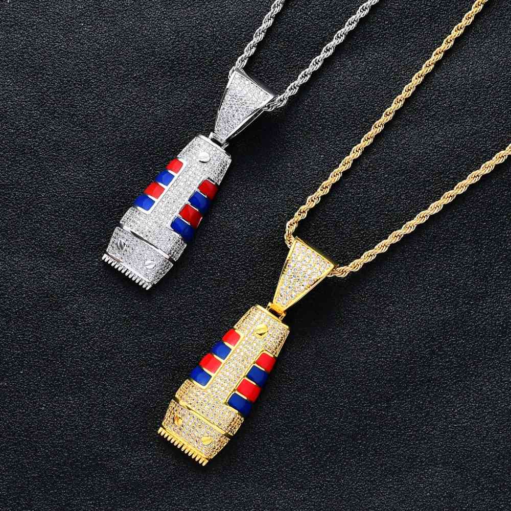 

Hip Hop Full AAA CZ Zircon Paved Bling Iced Out Hair Clipper Barber Pendants Necklace for Men Rapper Jewelry Gold Color X0509
