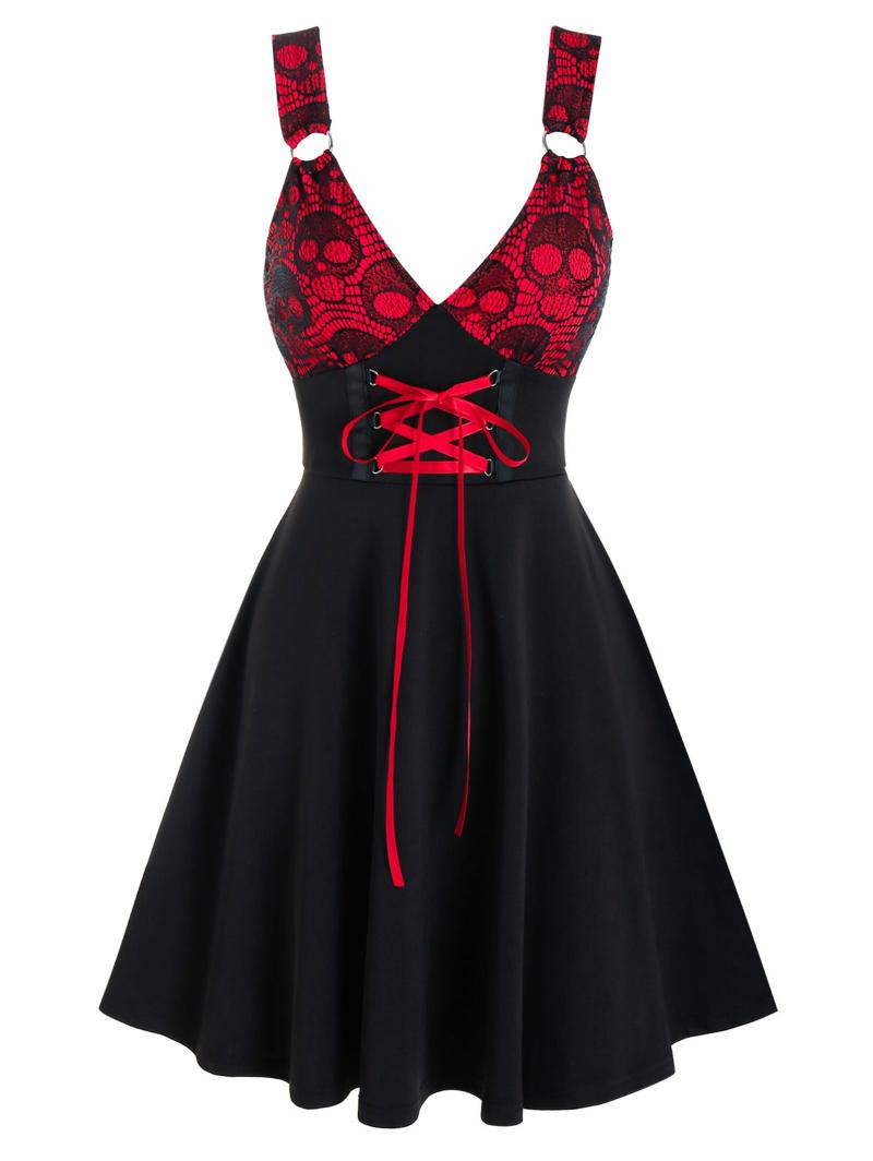 

Casual Dresses Wipalo Gothic Black Dress Plus Size Skull Pattern Colorblock Lace-Up A Line Vestidos Sleeveless Sexy Party Mini