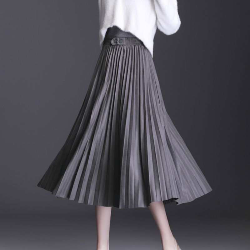 

skirts Winter Suede A-line Calf Length Solid Coffee/Gray Mirco-fiber Veet Drape Pleated Long Skirts