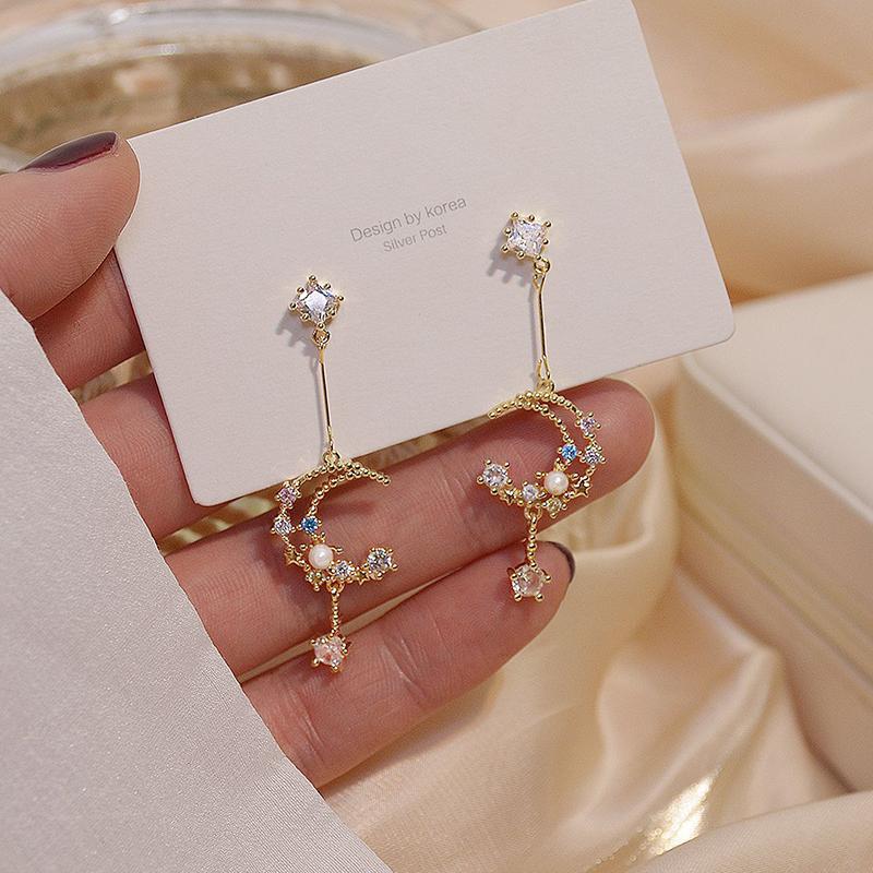 

Dangle & Chandelier 2021 Romantic Inlaid Colorful CZ Pearl Moon Women Earring Charm 14K Real Gold Transparent Zircon Drop Daily Jewelry Gift