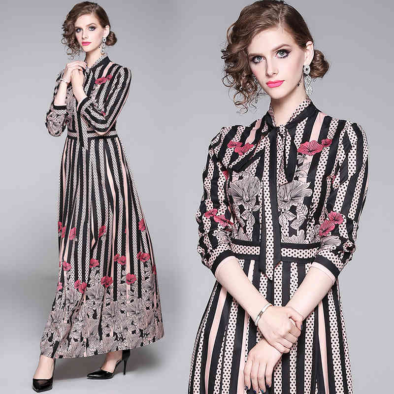 

2020 Spring Runway Maxi Dress Women's Long Sleeve Bow Collar Striped Flower Print Vintage Long Dress Female Empire Trend Dress, Black;gray