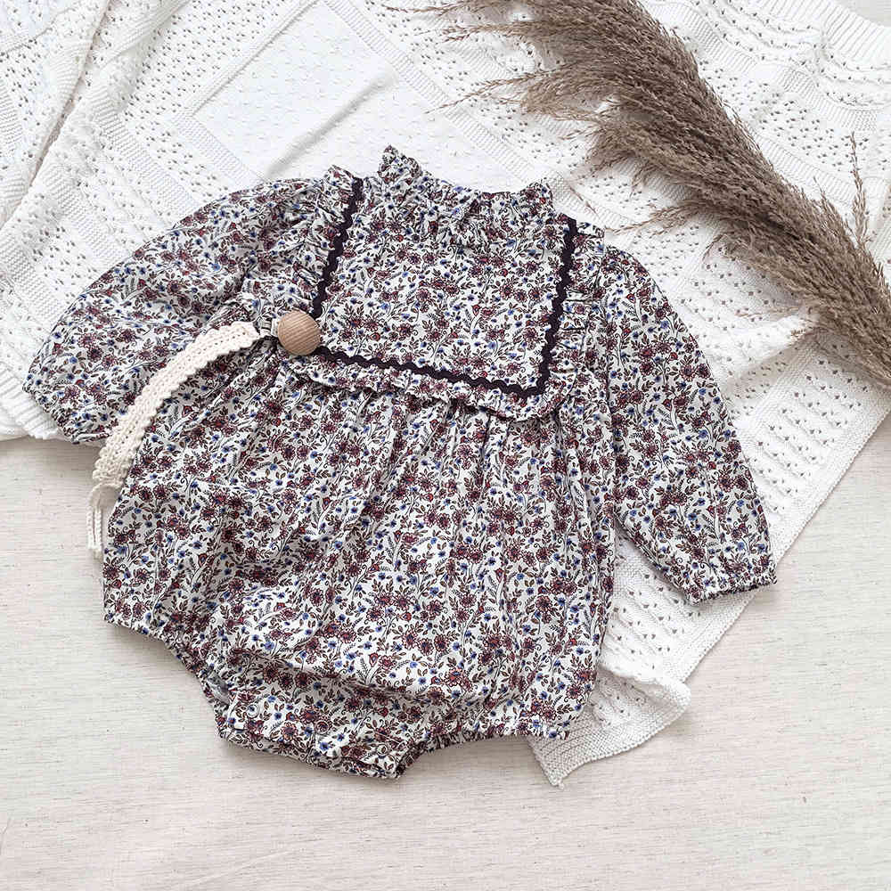 

Cutemily Spring and Autumn Baby Girl's Cotton Floral Onepiece Fart Jacket, Pull Triangle Climbing Suit, Pleated Collar, Brown flower