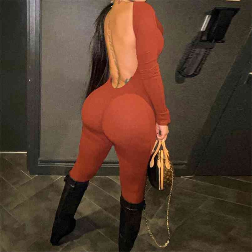 

est Sexy Elegant Backless Bodycon Rompers Solid O Neck Long Sleeve Ladies Street Style Trendy Casual Jumpsuit 210517, Beige