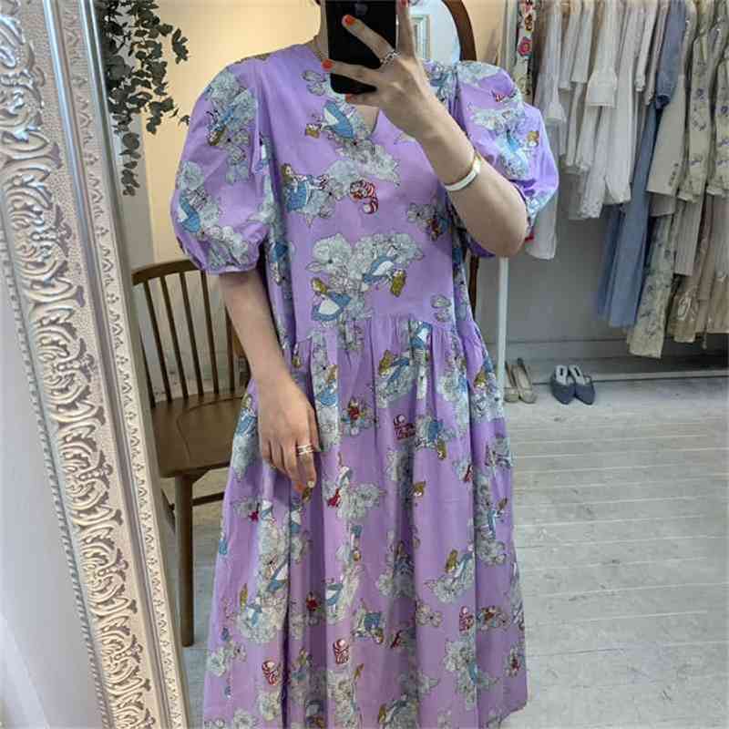 

Women Cartoon Print Casual Mid Calf Dresses Summer Korea Fashion V-neck Loose Ruffled Bubble Sleeve Long Dress 210526, Purple